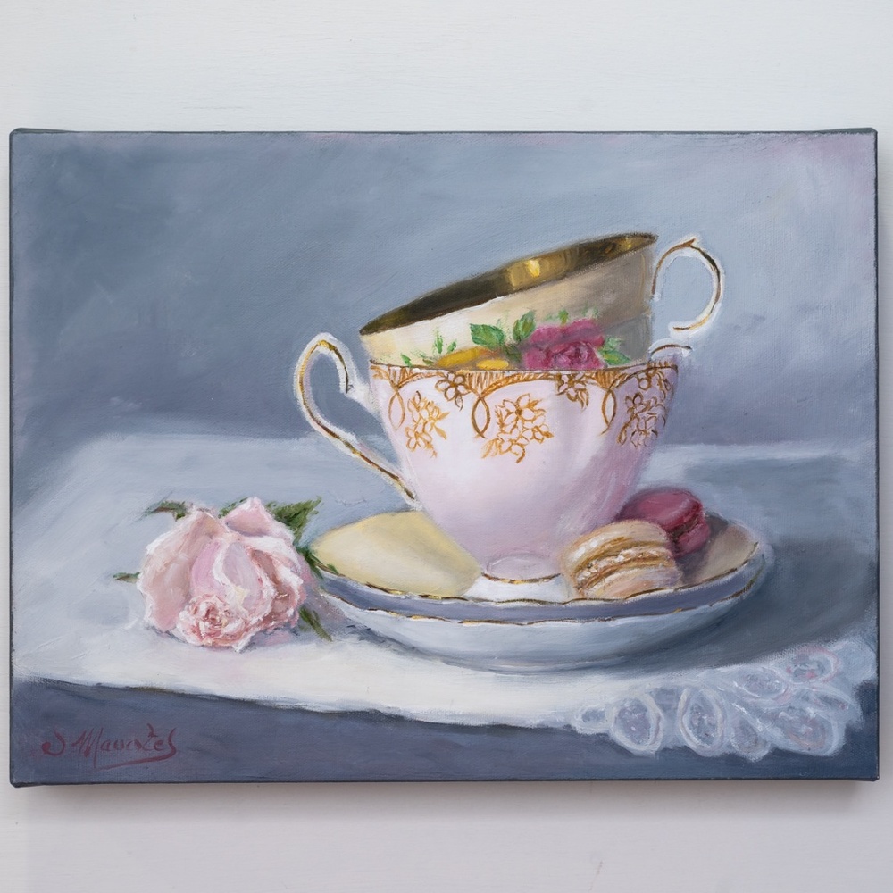 Oil painting still life "Two cups , macaroons and rose" 11" x 16"